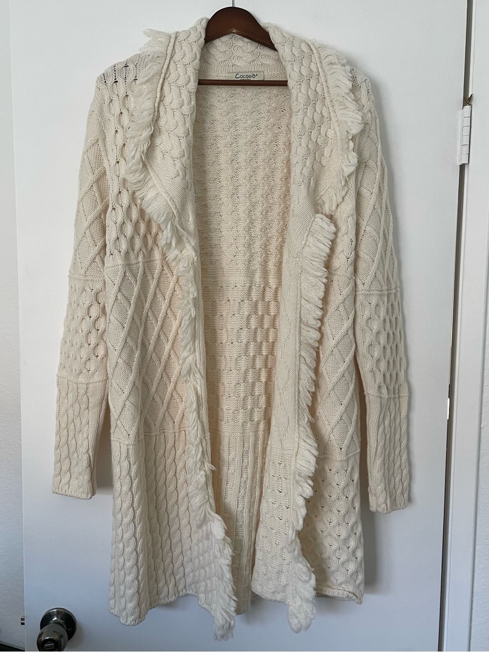 Cocogio Italy Cardigan Large Cream Wool Blend Cable Knit Fringe Long Duster Cozy